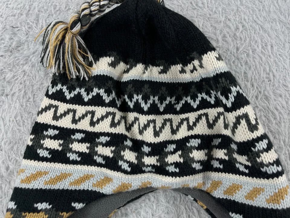 Gorro Toque Adulto Talla Única Negro Rayas Orejeras Forrado Acrílico Poli Borla Pom Foto 3 de 4