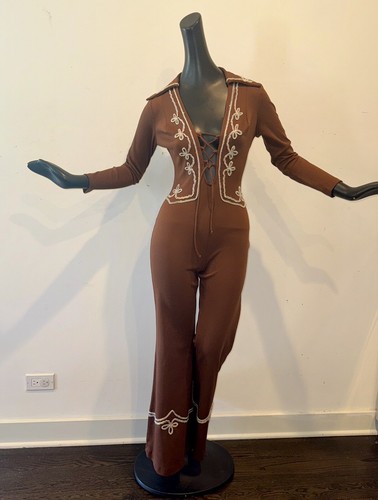 Vtg 70s Fredericks Of Hollywood Jumpsuit Western Dress Bell bottom Pants S 80s
