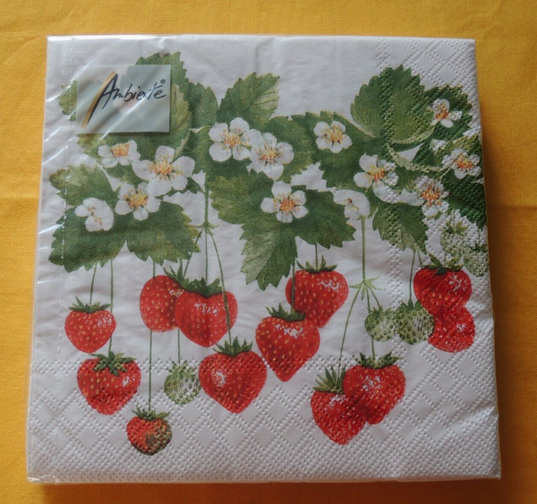 20 Servietten Erdbeeren 1 Packung Ovp Motivservietten FrüChte BlüTen Ranken Amb-image