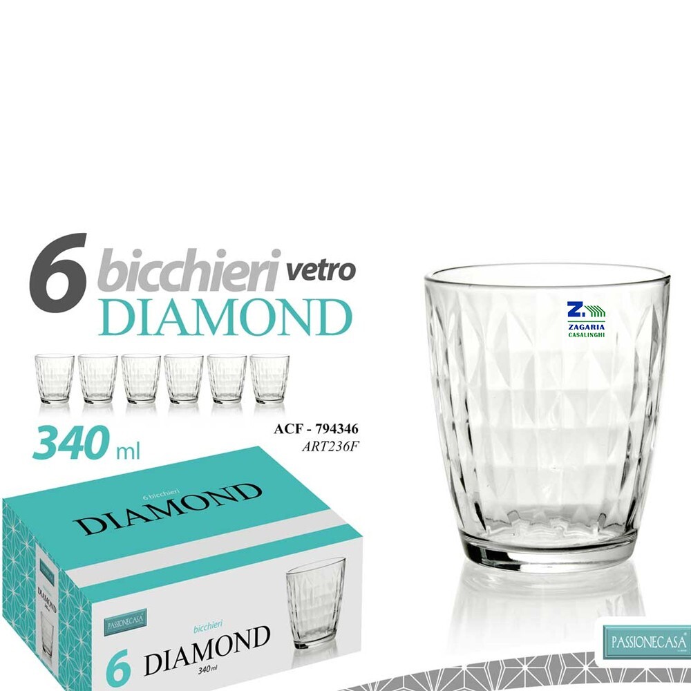 SET 6 PZ BICCHIERE VETRO DIAMOND 340 ML ACQUA VINO BIBITA ACF-794346