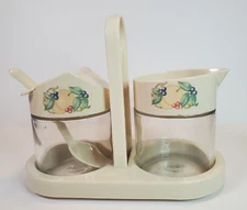 Gemco Abundance Cream & Sugar Jar with Spoon in Caddy Corelle Vintage Fruit