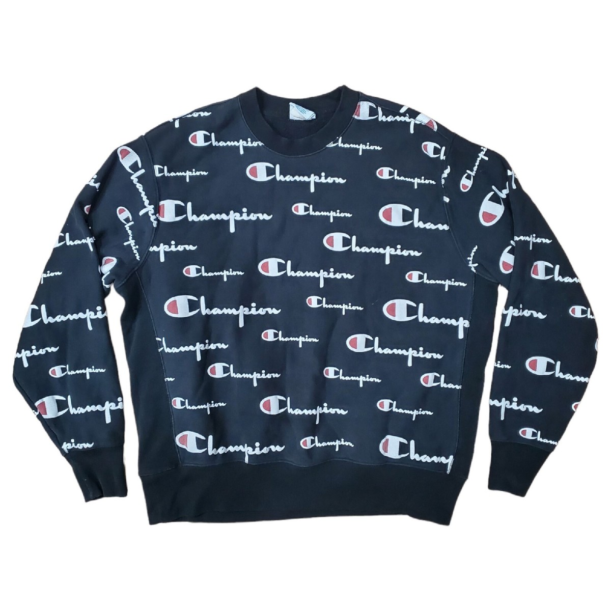 CHAMPION Sweater Adult 2XL Black REVERSE WEAVE Logo Allover Print 