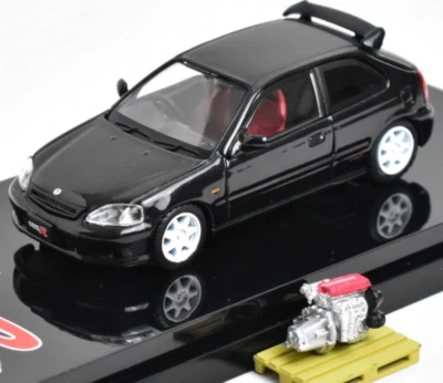 HJ 1:64 JDM Black Civic Type R EK9 Vtec Engine Model Diecast Metal