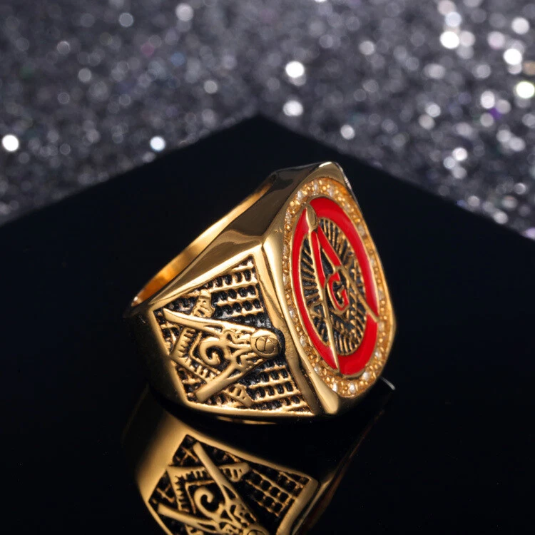 Anillo de sello masónico chapado en oro de lujo acero inoxidable esmalte rojo anillo masón Foto 3 de 4