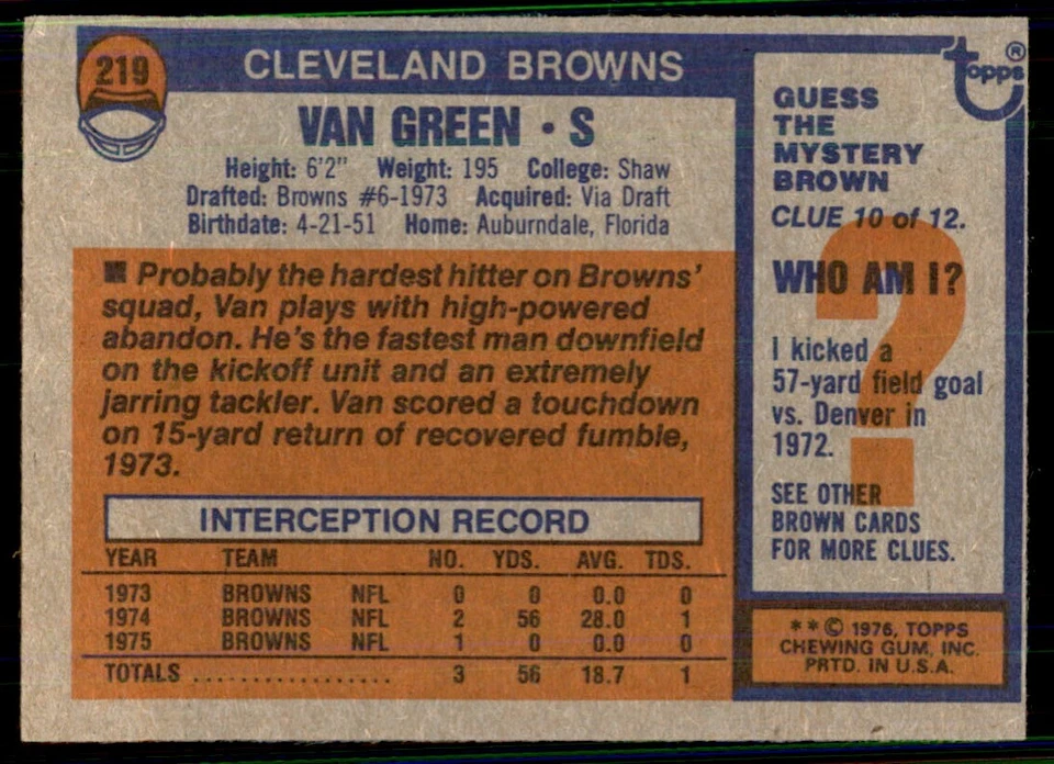 1976 Topps Van Green Football Cards #219 - Image 2 of 2