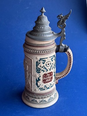 Antique German Beer Stein 1L Thewalt Mold 66 In Durst ger Mit Pewter Lid 12.25''