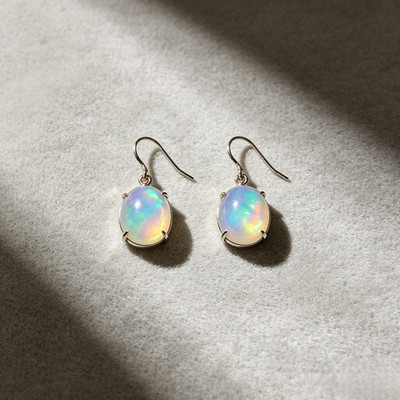 White Opal Dangle Earrings - Sterling Silver Plated Oval Fire Opal Drop Earrings