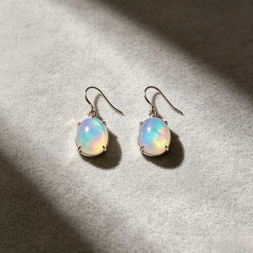 White Opal Dangle Earrings - Sterling Silver Plated Oval Fire Opal Drop Earrings