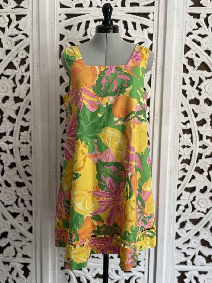 C&C California Linen Blend Dress Women Small Tropical Citrus Pockets  Embroidered | eBay