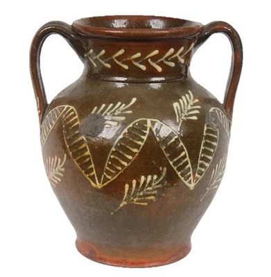 LARGE 19th CENTURY ANTIQUE MEXICAN (?) REDWARE POTTERY SLIPWARE CROCK FOLK ART - Image 1 of 4