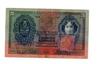 20 KRUNA FINE BANKNOTE FROM KINGDOM OF YUGOSLAVIA 1919 WITH STAMP ..RARE