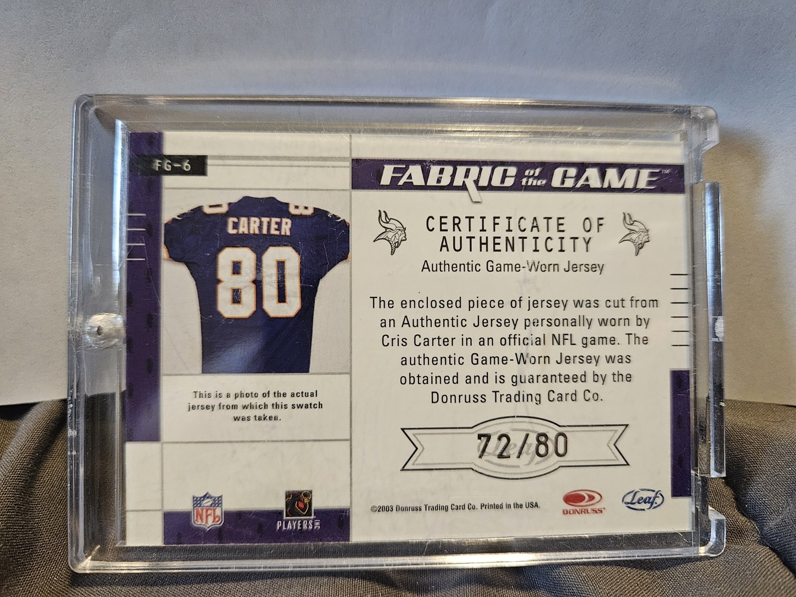 2003 Leaf Certified Cris Carter Fabric Game Used Auto Patch /80 Vikings HOF FOTG view 2