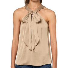 NWT- Trina Turk 'Mallie' Sleeveless Silk-Satin Bow Halter Top, Gold - Medium