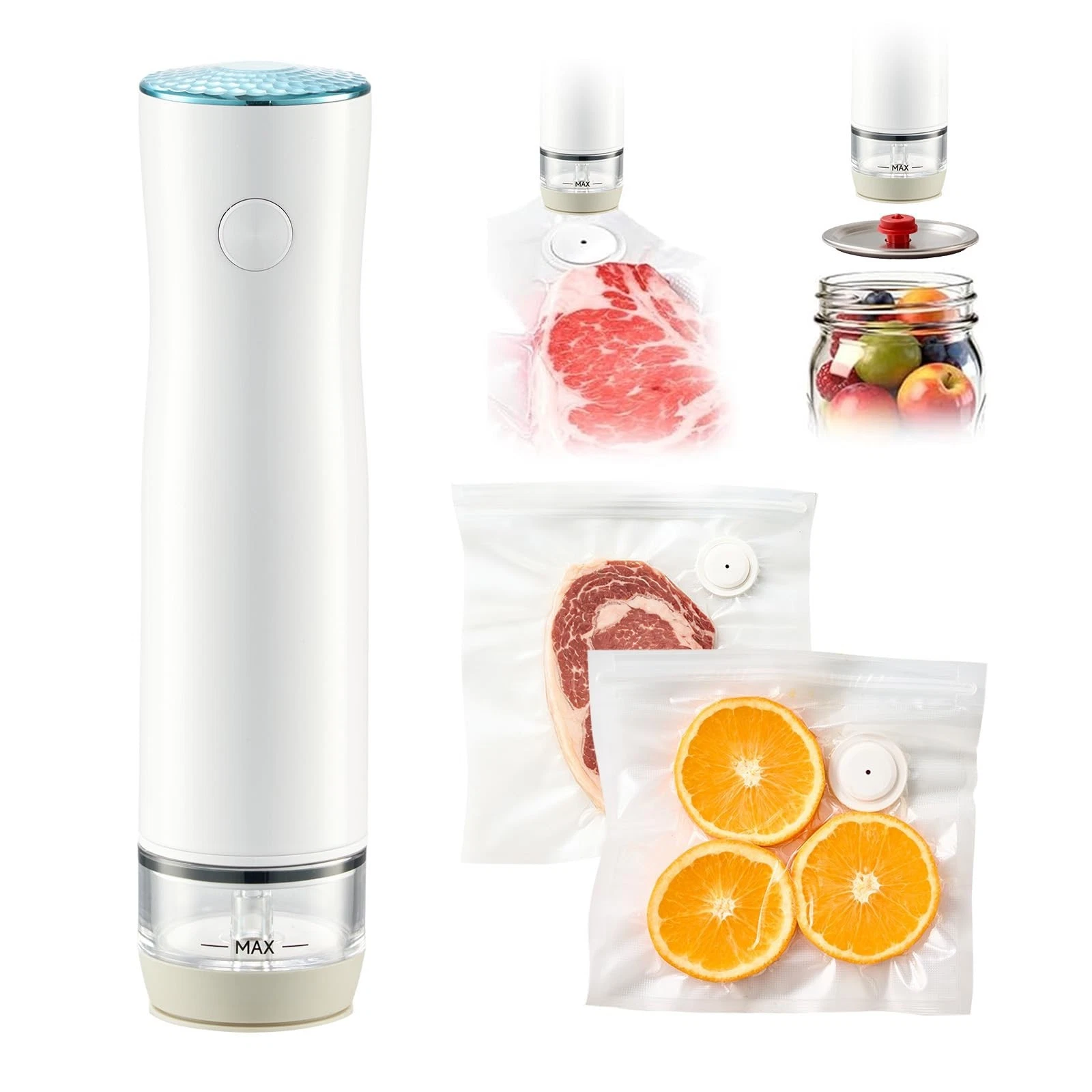 Portable 2-in-1 Food Vacuum Sealer with Reusable Bags & Mason Jar Lids