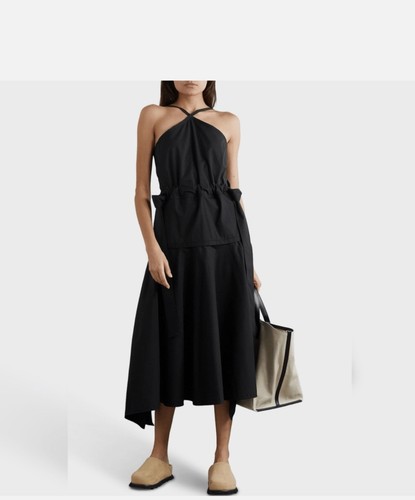 Proenza Schouler Black Tiered Midi Cotton Poplin Halter Neck Dress