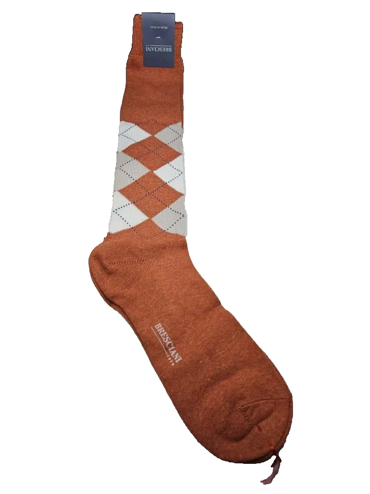 Bresciani Men’s Italian Socks Argyle Orange/white/Beige 100% Cotton Size M - NWT
