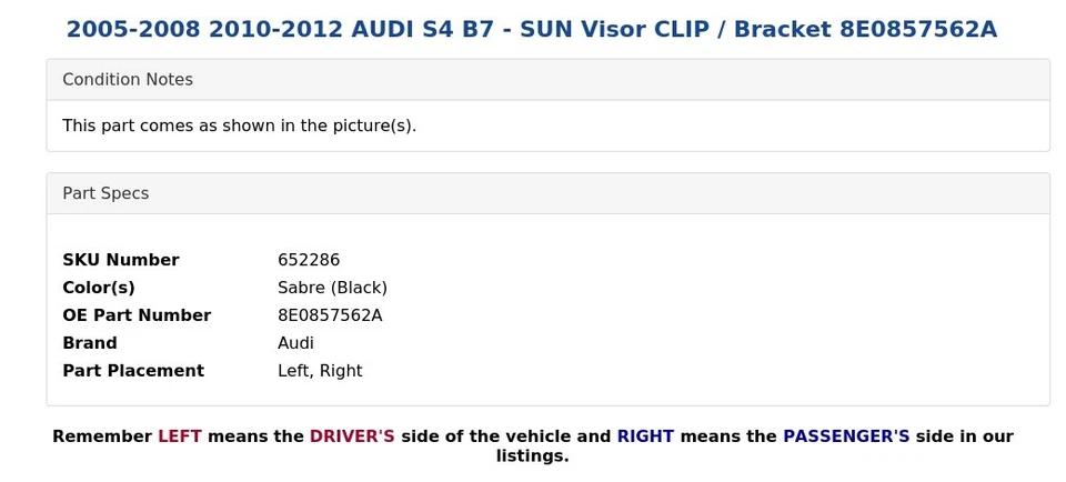 AUDI S4 B7 2005-2008 2010-2012 - PARASOL CLIP / soporte 8E0857562A Foto 4 de 4