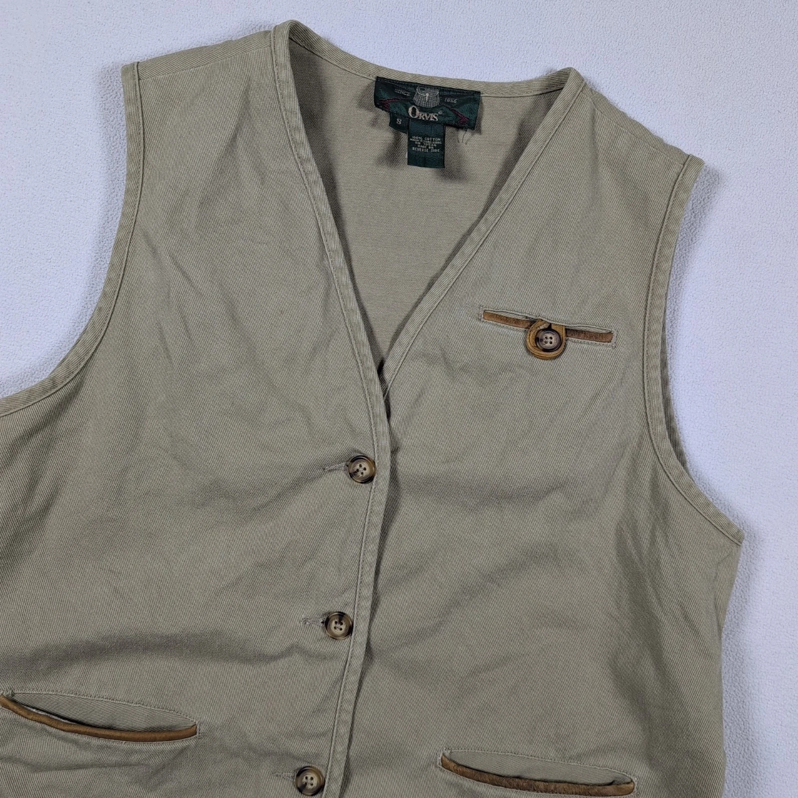 Vintage Orvis Vest Men Size L Brown Fly Fishing Canvas Leather Trim Pockets