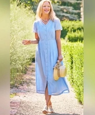 April Cornell Cornflower Blue Bar Harbor Dress Button Down Lace Side Tie Sz M