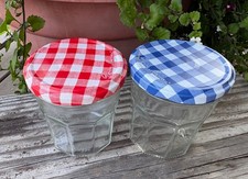 Set 2 Bonne Maman Jars Glass BLUE, RED Gingham Lids Embossed Logo Empty