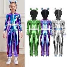 Girls Metallic Gloss Hood Jumpsuit Alien Costume Halloween Costume Fancy Dress