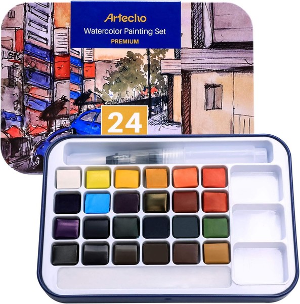 Aquarellfarben Set 24 Farben Mit Wassertankpinsel Tragbar Malkasten 24 StüCk-image