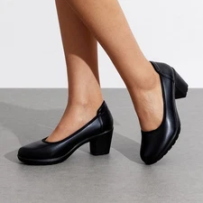 Women Arch Support Low Chunky Block Heel Round Toe Comfortable Work Dress Pumps