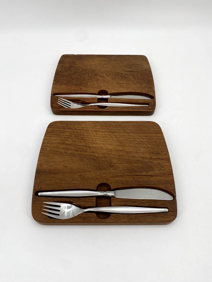 * 2 x HOLZ BRETT BSF IMBISSBRETT 1957 FRÜHSTÜCKS BRETT BESTECK TEAKHOLZ VINTAGE