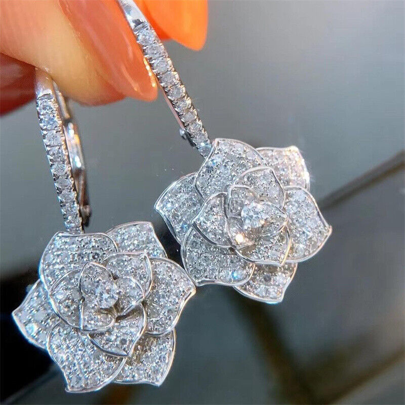 Women Flower 925 Silver Drop Earrings Cubic Zirconia Wedding Jewelry Gifts