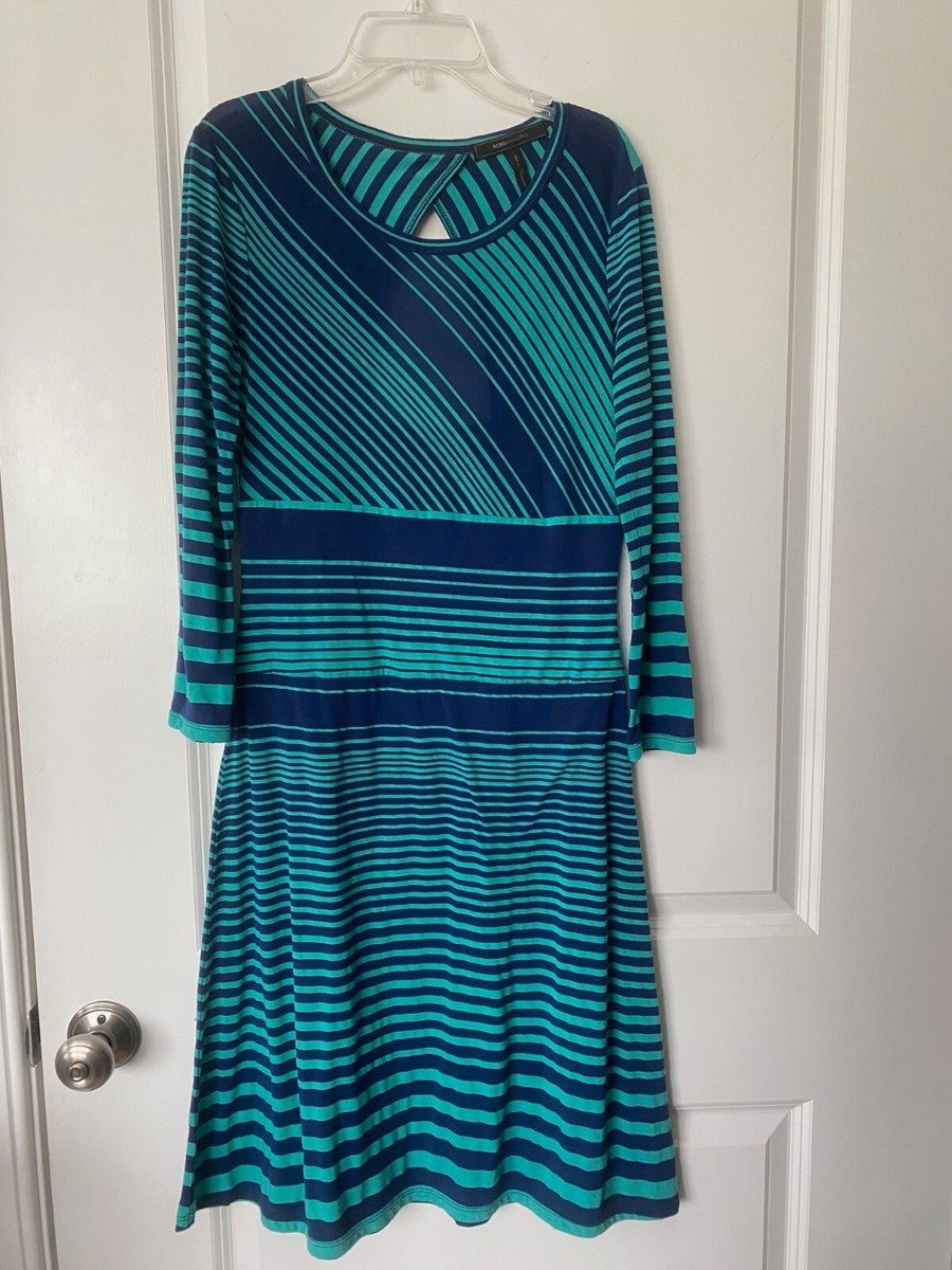 BCBG Maxazria Size Small Open Back Striped Teal/Navy Dress Jersey Fit and  Flare