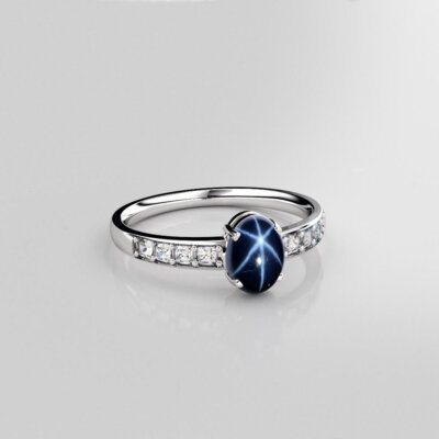 Genuine Blue Star Sapphire Ring Sterling Silver 925 / Oval-Shaped