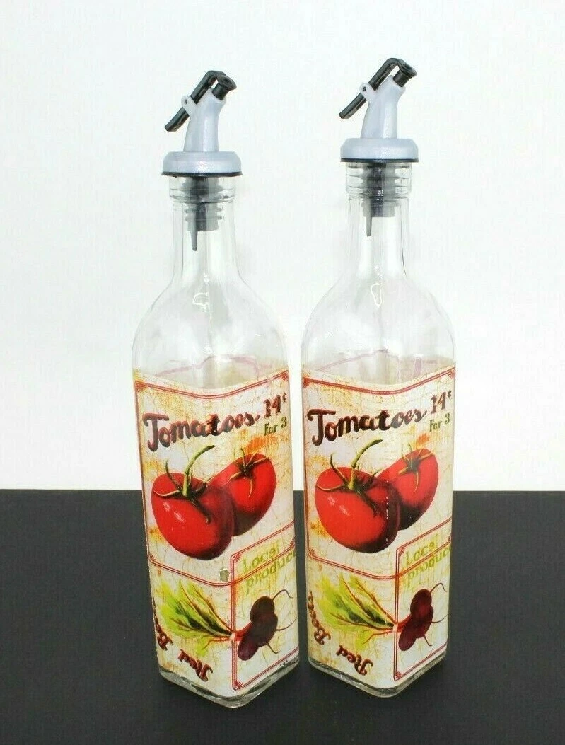 Set of 2 Glass Bottle Oil Vinegar Dispensers Cruets Lever Pourer Matching Set