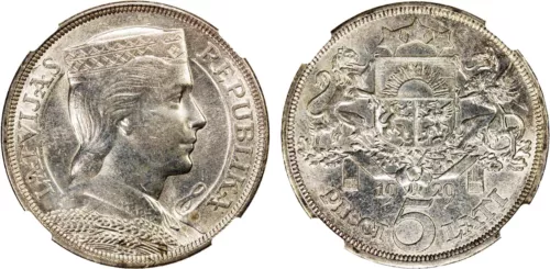i-650173 Latvia 5 Lati 1929. NGC MS 62