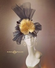 Aimee Fuller Kentucky Derby Fascinator Hat Black Royal Ascot Gold Palm Leaf Hat