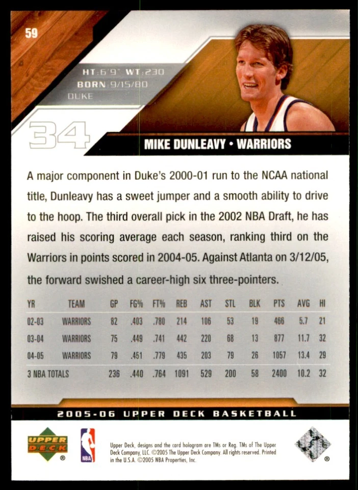 2005-06 Upper Deck. Mike Dunleavy A Basketball Cards #59 - Image 2 of 2
