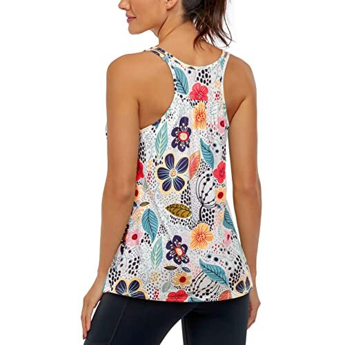 Women's Floral White Yoga Tank Top with Built-in Bra Loose Fit Racerback Gym ... - Picture 3 of 6