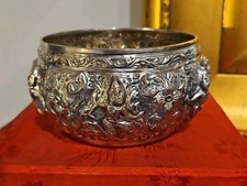 Antique Burmese Thai Repousse Silver Offering Bowl
