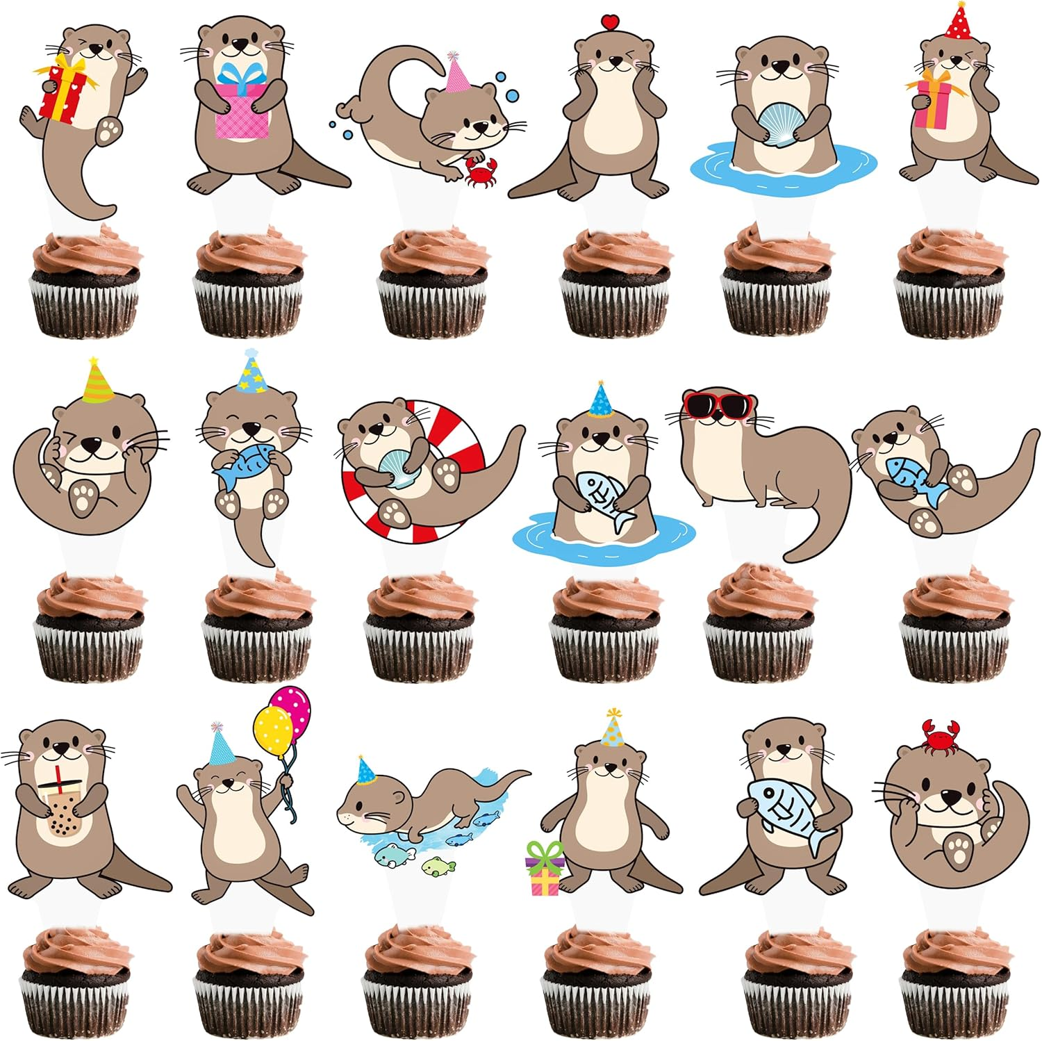 48Pcs Otter Theme Cupcake Toppers for Sea and River Birthday Party Decorations -