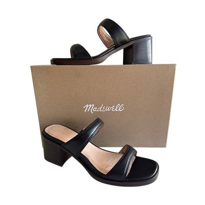 Madewell Saige Heeled Mules Womens 9.5 Double Strap Black Leather NK041 Slip On