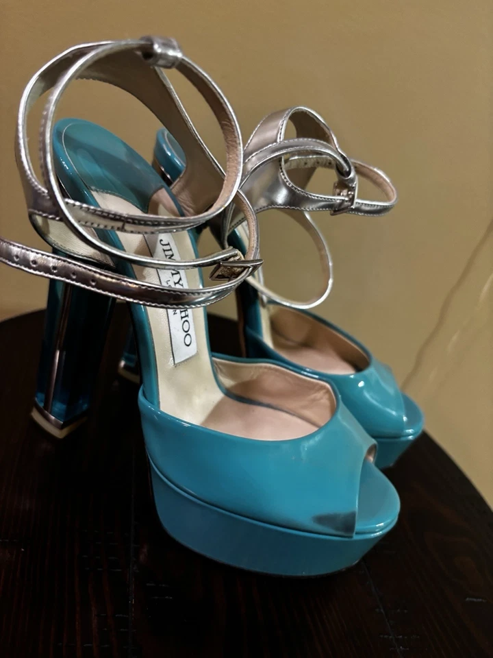  Jimmy Choo Tacones Altos Azul Charol Plataforma Talla 36 1/2 Hecho en Italia  Foto 4 de 4