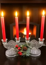 Jeanette Glass Iris and Herringbone Set of 2 Double Candlestick Holders Vintage