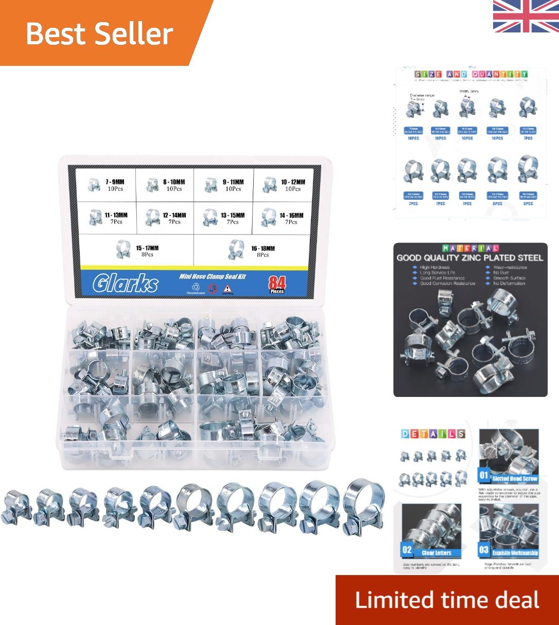 Professional Grade 84Pcs Hose Clamp Assortment Kit - Ideal for Auto & Marine Use