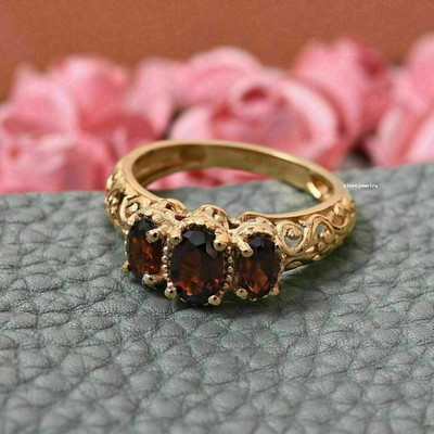 3Ct Oval Cut Three Stone Red Garnet Lab Created VintageRing 14K Yellow Gold Over