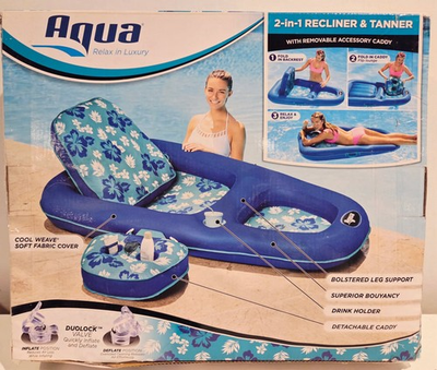 #ad Aqua 2 in 1 Recliner amp; Tanner Inflatable Float Blue Floral w Removable Caddy $20.00