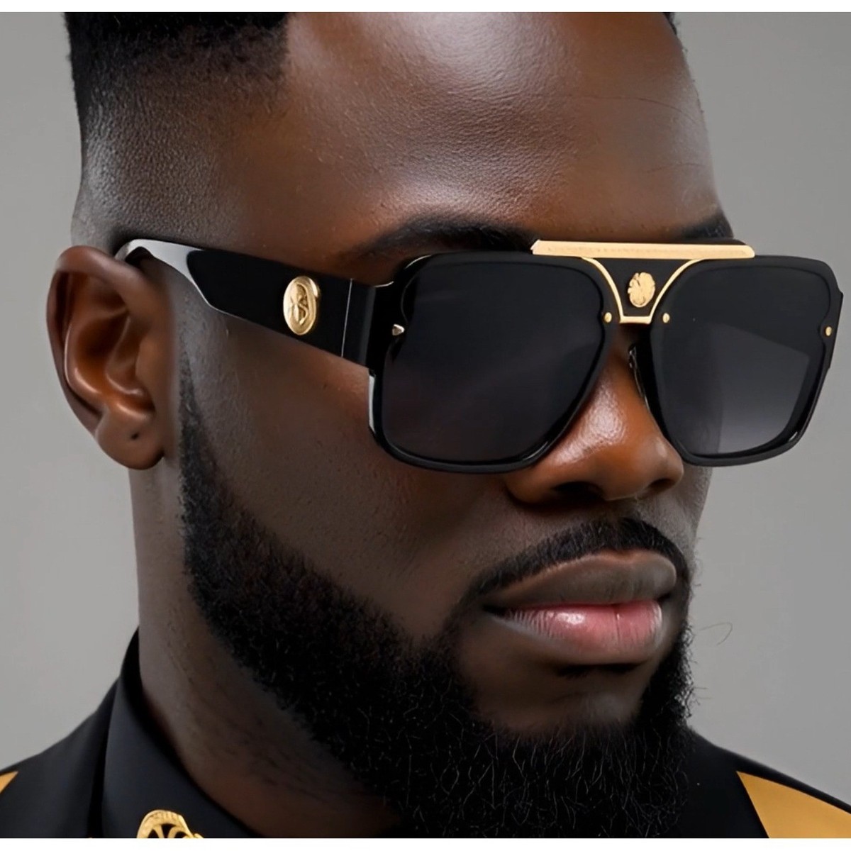 Luxury Oversized Square Sunglasses Gold Medallion Black Frame