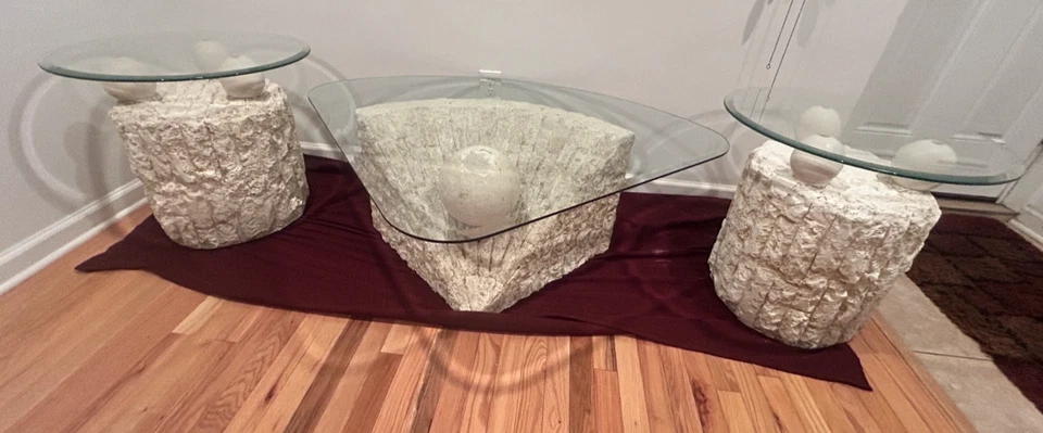 Postmodern Tessellated Stone/Glass Coffee & End Table Set IMPERFECTIONS Local! - Image 3 of 4