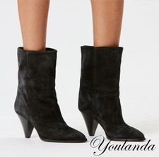 Vintage Women's Suede Pointed Toe Mid Calf Boots Cone Heel Pull on Comfort Shoes