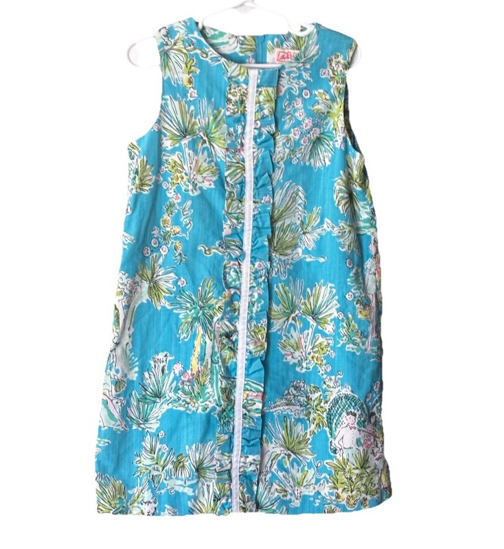 Lilly Pulitzer Originals Jungle Glam Shift Dress Blue Toile Girls Vintage Sz 7