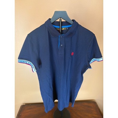 Roberto Cavalli Mens Navy Blue Logo Sleeve Pique Polo Shirt RC Monogram Logo
