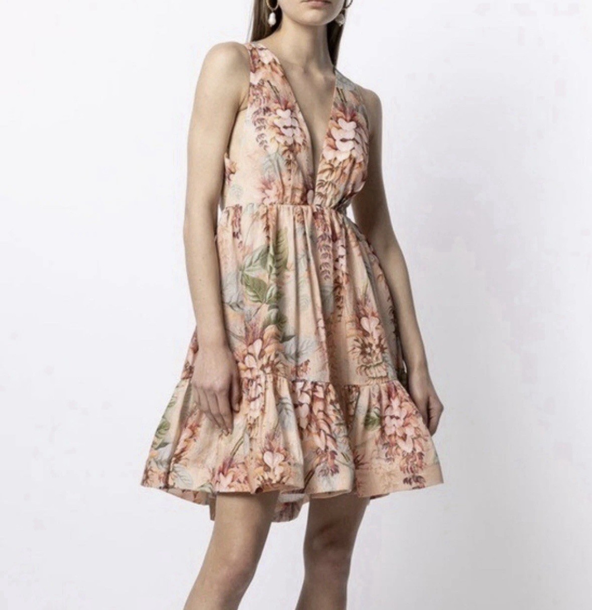 Zimmermann Dress Size 1/AU 10/US 6 Candescent Swing Linen Floral Plunge Mini